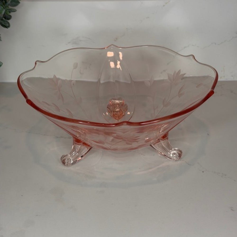 Lancaster Glass Jubilee‎ Pattern Three-Footed Bowl Etched Floral Design - Picture 7 of 9